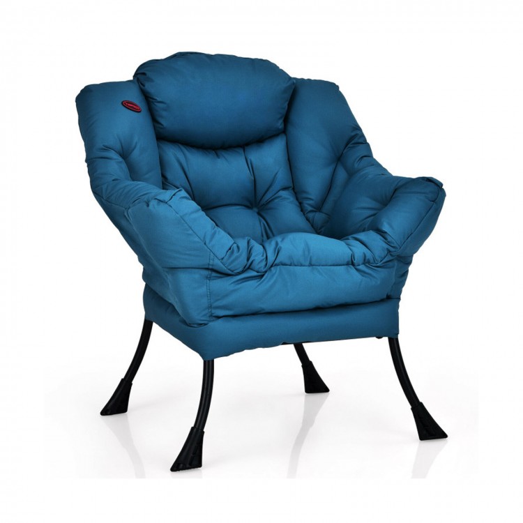 Navy blue polyester fabric lazy chair with steel frame, ergonomic design, and side pocket for versatile seating.