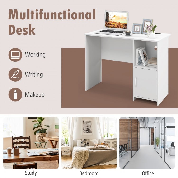Modern white computer desk with cabinet, spacious desktop, and open shelf for versatile use in study, bedroom, or.