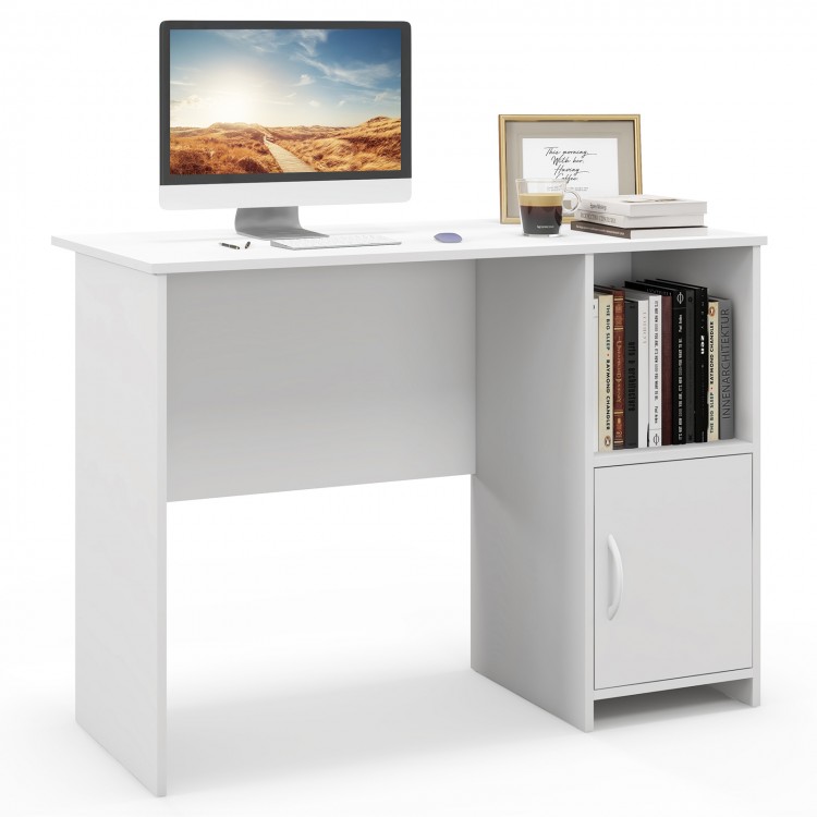Modern white computer desk with spacious top, open shelf, and cabinet for storage, ideal for study or office use.