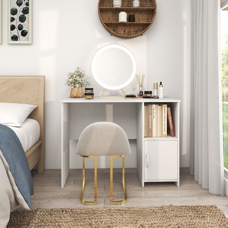 Modern white computer desk with cabinet, featuring an open shelf and spacious desktop for versatile storage and.