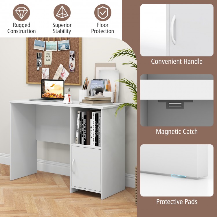 Modern white computer desk featuring a spacious top, storage cabinet, and protective pads for floor stability.
