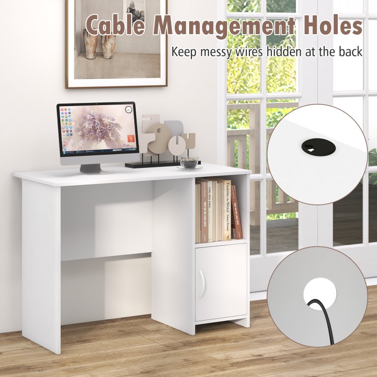 Modern white computer desk featuring a spacious top, cabinet, and cable management holes for a tidy workspace.
