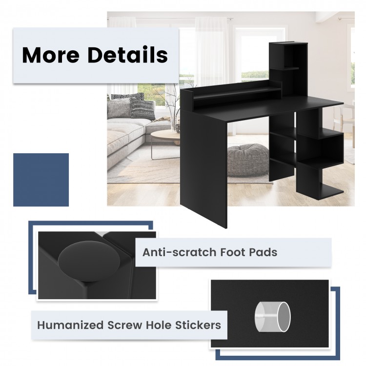 Modern black computer desk with storage shelves, featuring anti-scratch foot pads and humanized screw hole stickers.