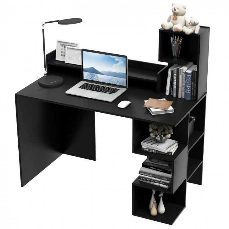 Modern black computer desk with storage hutch and open shelves, perfect for stylish organization in a home office setup.