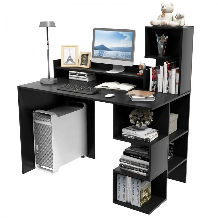 Modern black computer desk with storage bookshelf and hutch, featuring a spacious tabletop and multiple shelves for.