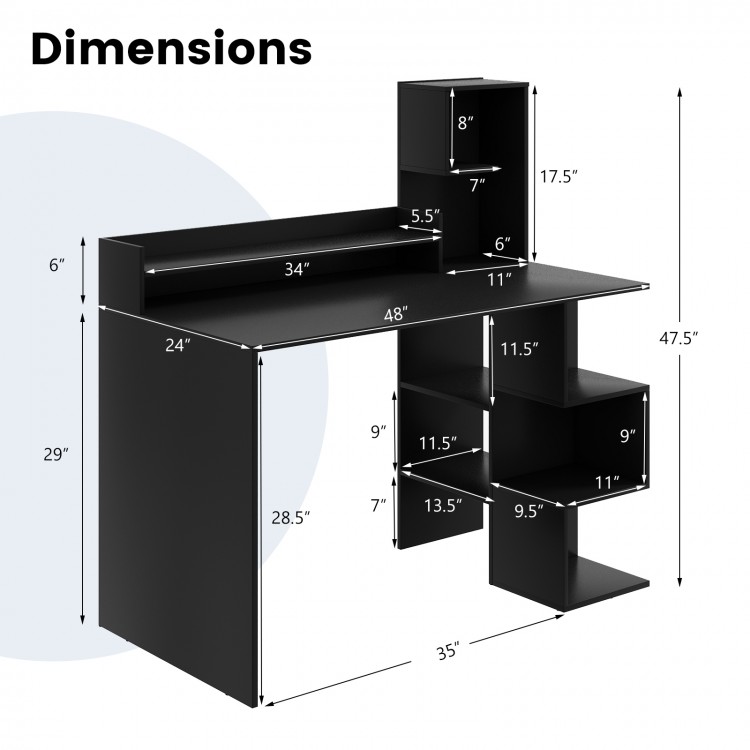 Dimensions of the Modern Computer Desk in black, featuring a spacious tabletop and multiple storage shelves for home.