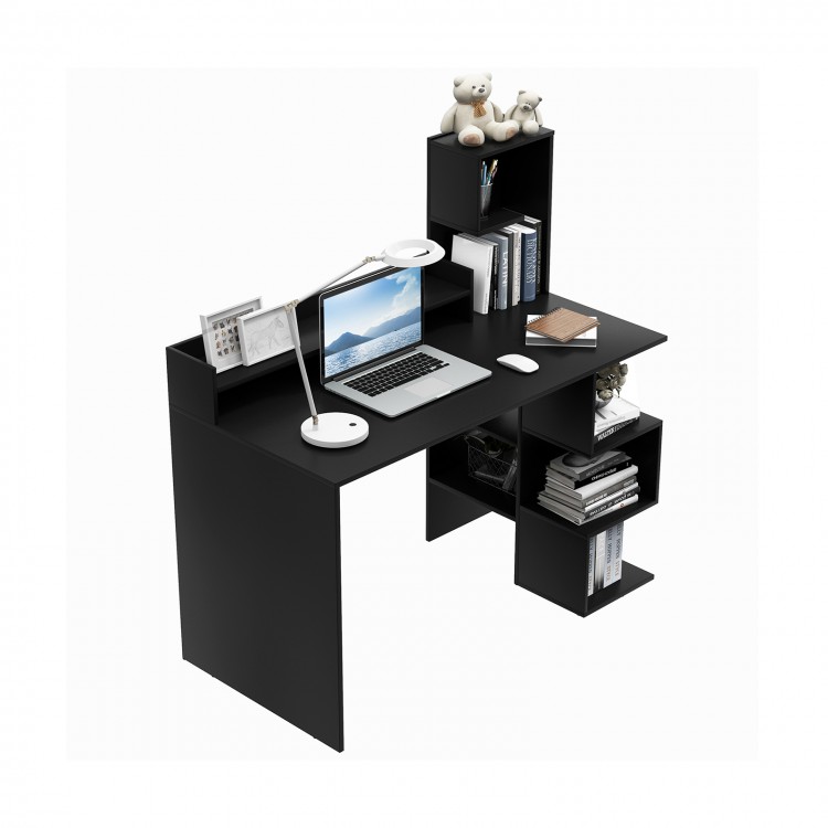 Modern black computer desk with storage shelves and hutch, ideal for home office use and organizing work supplies.