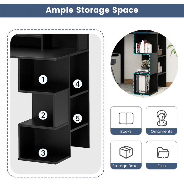 Modern black computer desk with storage shelves, ideal for organizing books and ornaments in a home office.