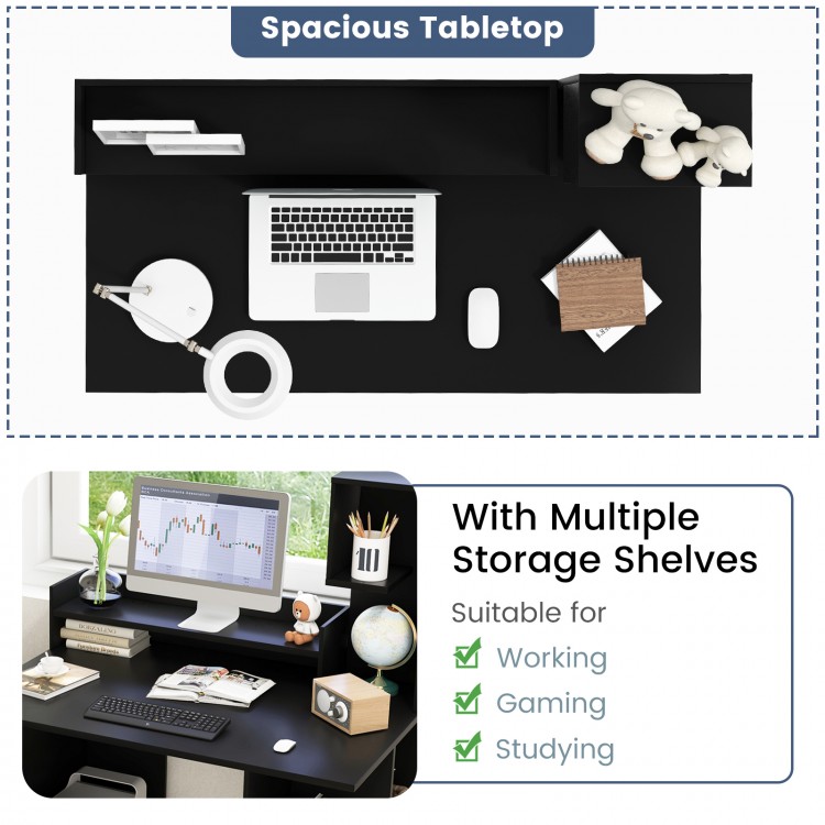 Modern black computer desk with spacious tabletop and multiple storage shelves, ideal for working, gaming, or studying.
