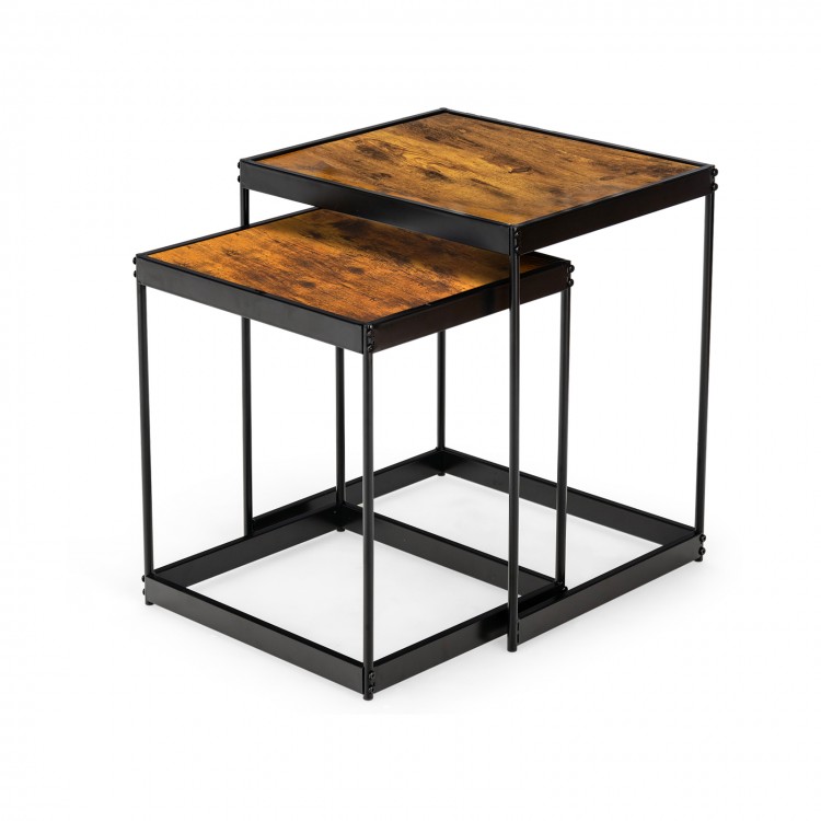 Nesting end table with a rustic brown surface and sturdy black metal legs, perfect for a stylish coffee table setup.