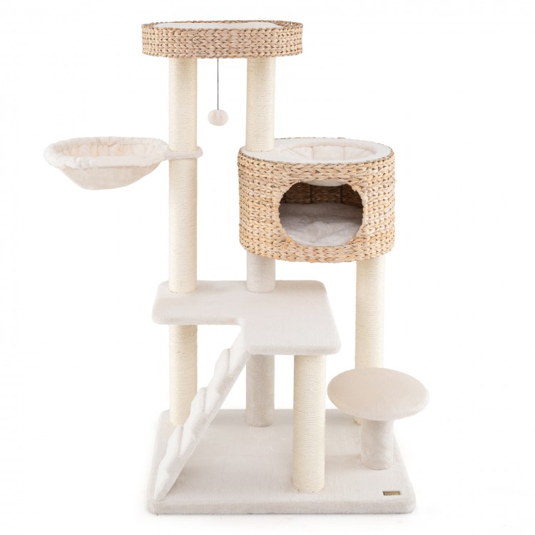 Modern cat tree featuring a spacious perch, hanging basket, and sisal-wrapped scratching posts for indoor cats.