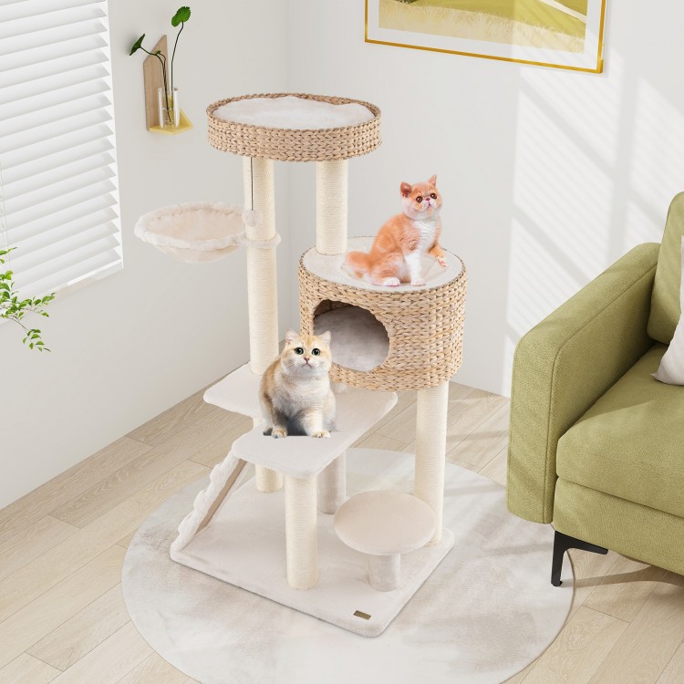 Modern cat tree with spacious perch and condo, featuring natural cattail fluff and sisal scratching posts for indoor.