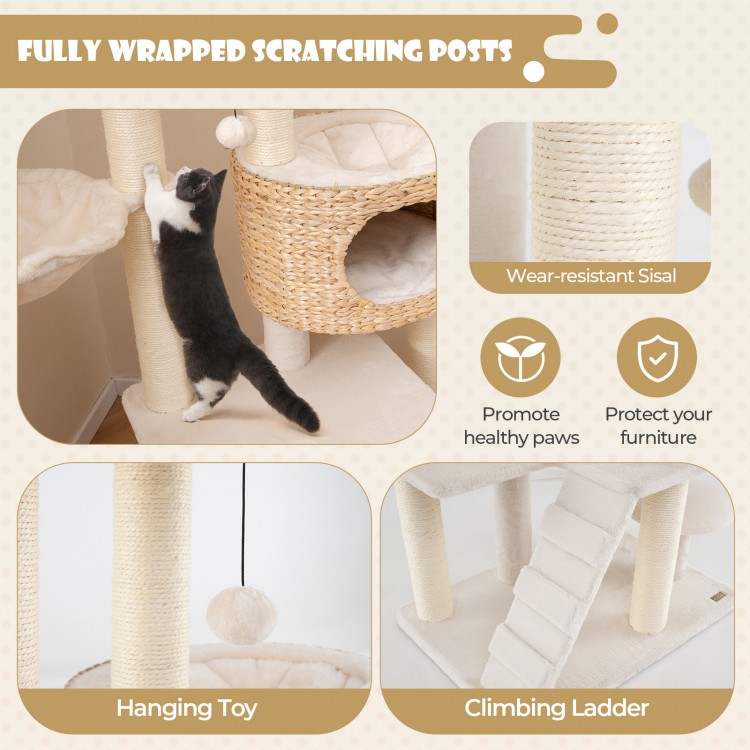 Cat tree featuring a spacious perch, climbing ladder, and wear-resistant sisal scratching posts for indoor cats.
