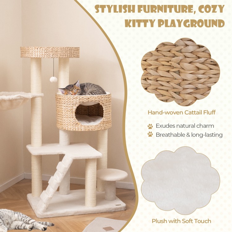 Modern cat tree featuring a spacious perch and hand-woven cattail fluff condo for indoor cats' comfort and play.