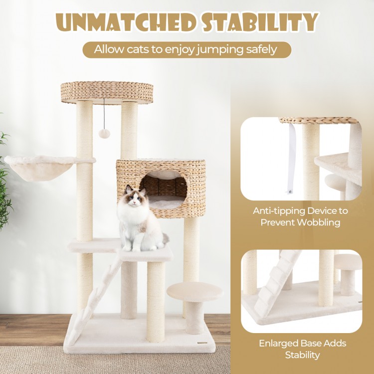 Modern cat tree featuring a spacious perch, cattail fluff condo, and anti-tipping device for safe indoor play.