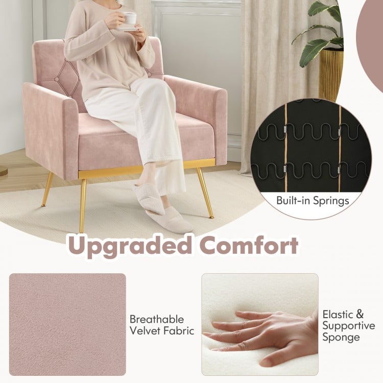 Modern pink velvet accent chair with button tufted back, golden metal legs, and supportive sponge for ultimate comfort.