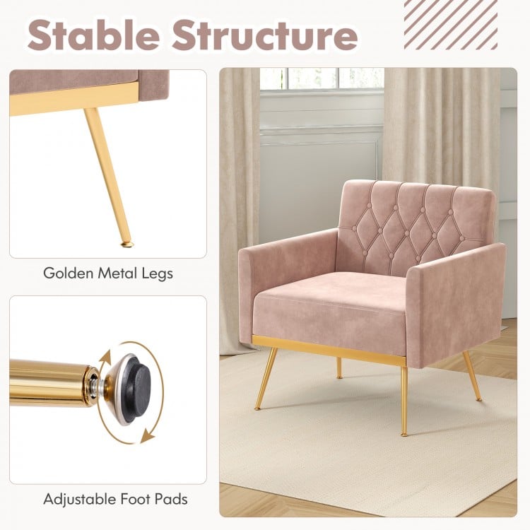 Modern pink velvet accent chair with button tufted back, golden metal legs, and adjustable foot pads for added.