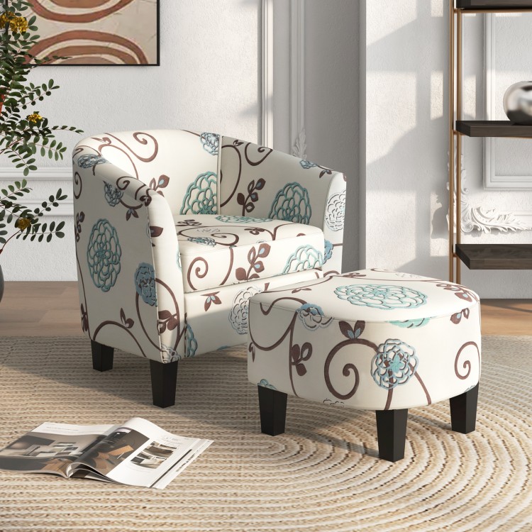 Modern accent tub chair and ottoman set with floral fabric upholstery, ideal for living room or bedroom decor.