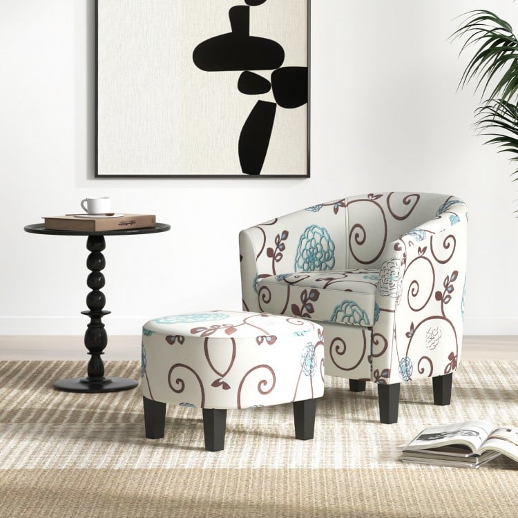 Modern accent tub chair and ottoman set in beige fabric, featuring solid wood legs, ideal for living room or office use.