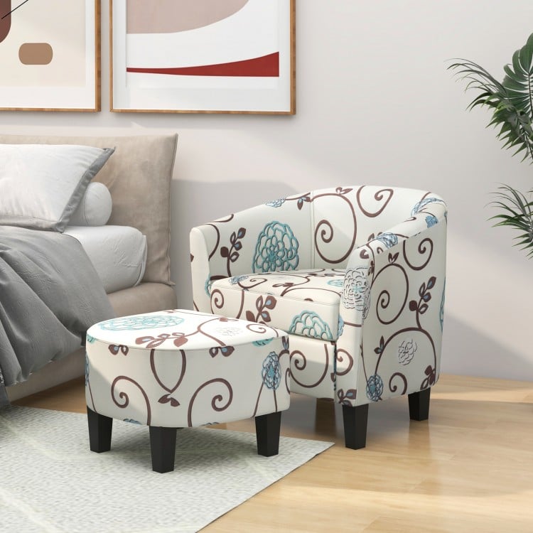 Modern accent tub chair and ottoman set with fabric upholstery, ideal for living room or bedroom relaxation.
