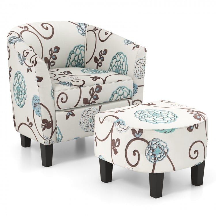 Modern accent tub chair and ottoman set with beige fabric upholstery, featuring a floral design and solid wood legs.