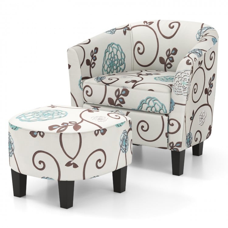 Modern accent tub chair and ottoman set in beige fabric, featuring a floral design, ideal for living room or office use.