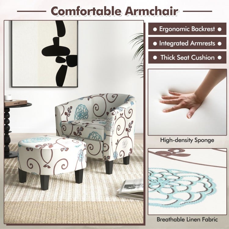 Modern accent tub chair and ottoman set in beige with ergonomic backrest and breathable linen fabric for stylish.