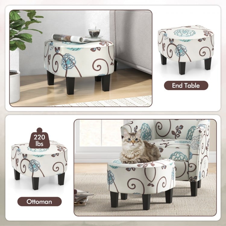 Ottoman with floral fabric upholstery, solid wood legs, versatile as a footrest or tea table, supports up to 220 lbs.