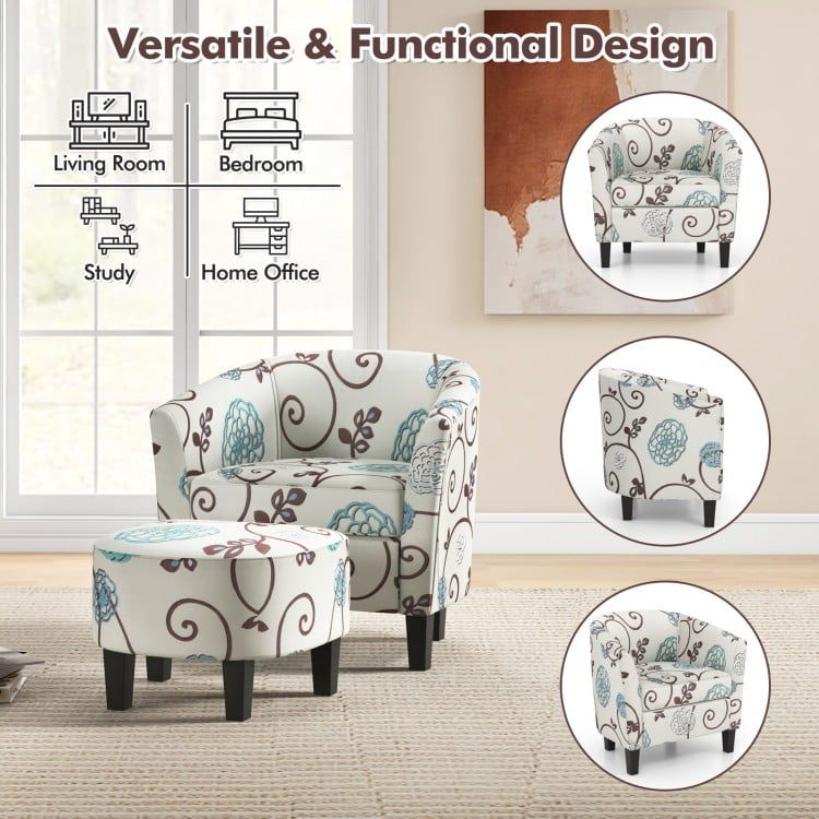 Modern accent tub chair and ottoman set in beige fabric, ideal for living room or bedroom with ergonomic design and.