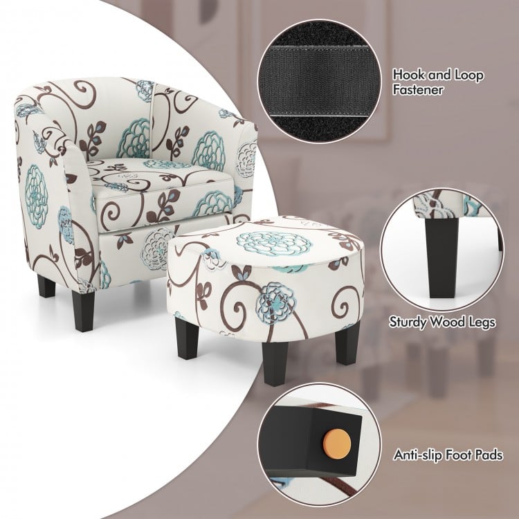 Modern accent tub chair and ottoman set with beige fabric upholstery, sturdy wood legs, ideal for living room or office.