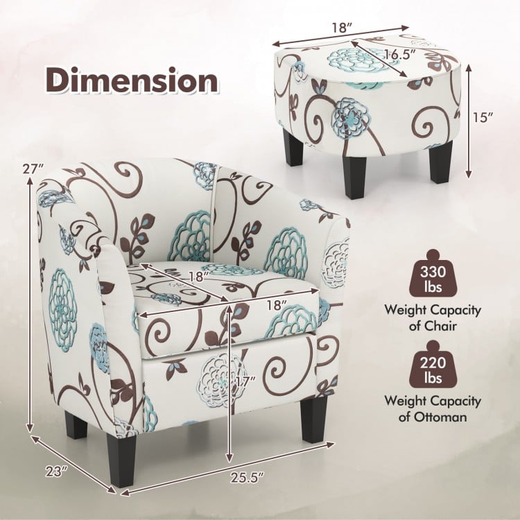 Modern accent tub chair and ottoman set with floral fabric upholstery, ideal for living room or office use.