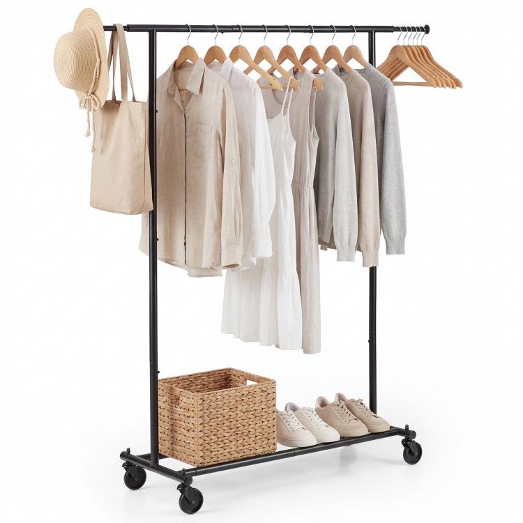 Mobile garment rack with hats and clothes displayed, featuring a robust metal frame and wheels for versatile use.
