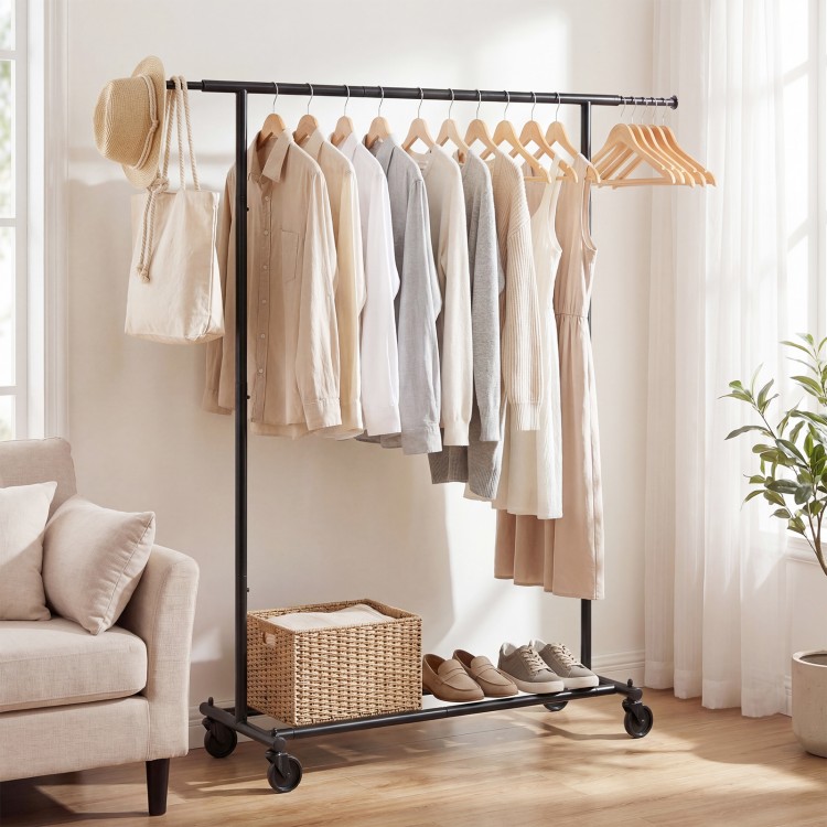 Mobile garment rack with extendable rods, heavy-duty metal frame on wheels, ideal for organizing clothes in any room.