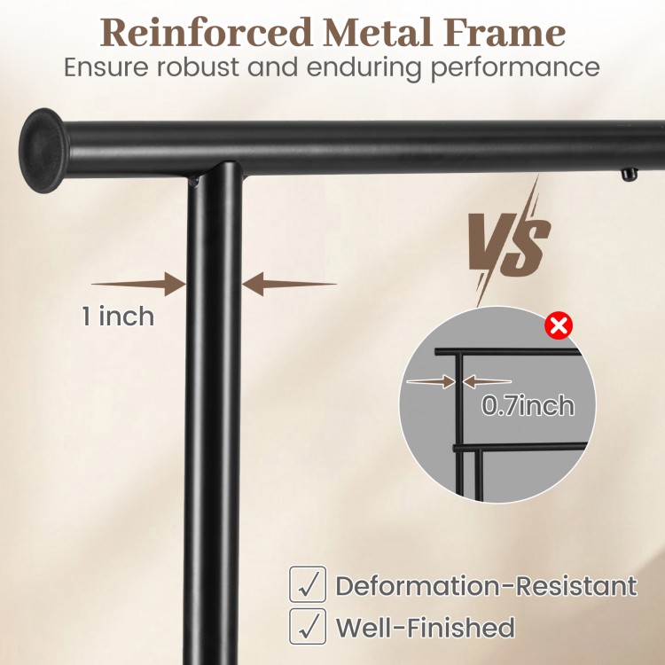 Reinforced metal frame detail of the mobile garment rack, showcasing its robust 1-inch tubing for heavy-duty use.