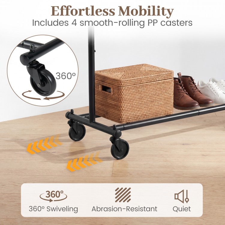 Mobile garment rack with 360° swivel casters for easy mobility, featuring a heavy-duty metal frame and extendable rods.