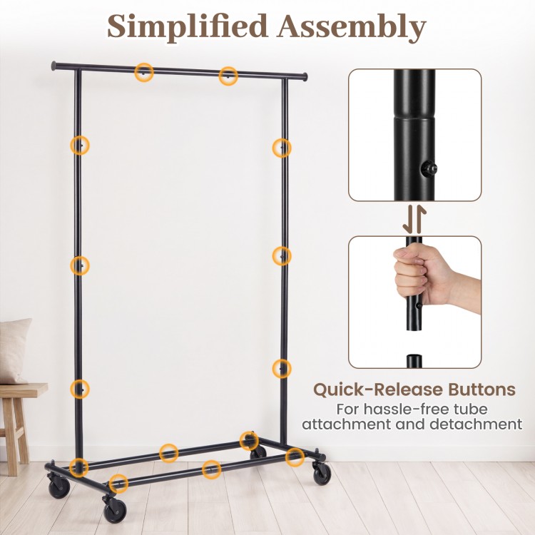 Mobile garment rack with extendable rods and quick-release buttons, featuring a sturdy metal frame and wheels for easy.