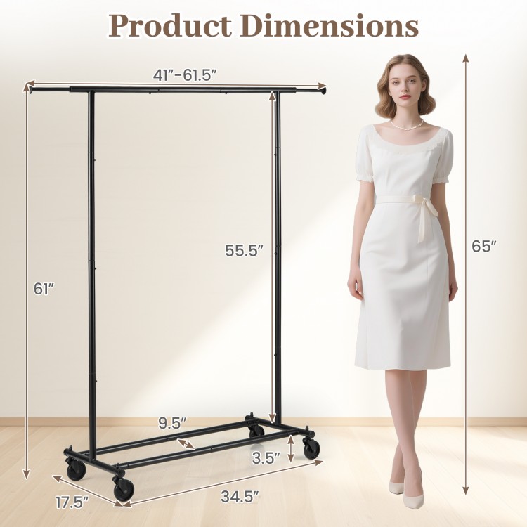 Mobile garment rack with extendable rods, heavy-duty metal, on wheels; ideal for laundry rooms and bedrooms.