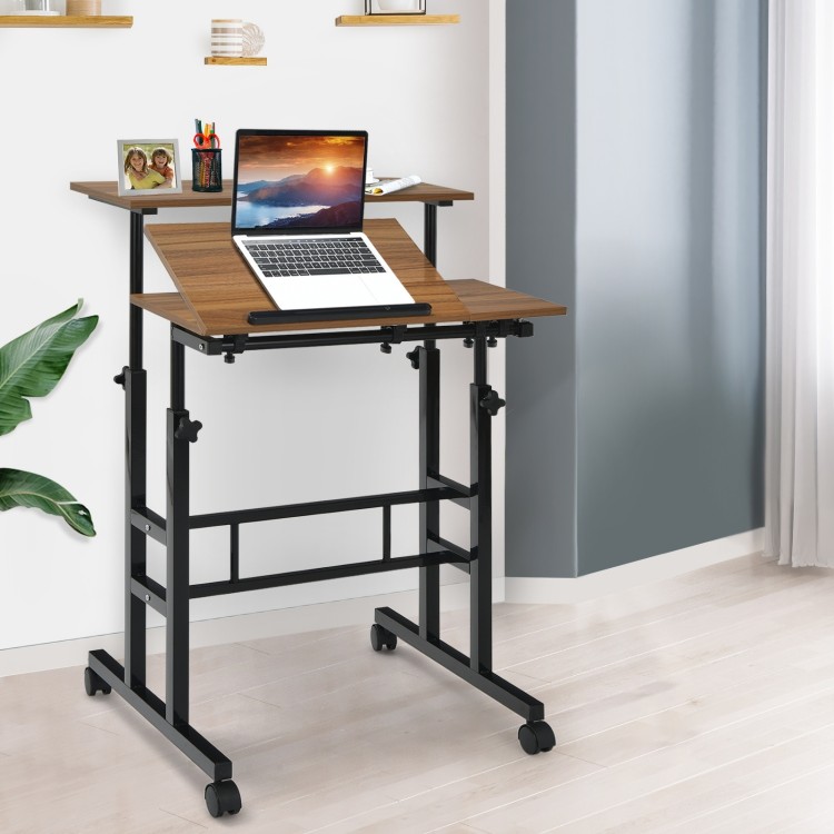 Compact mobile standing desk with walnut finish and adjustable tilting top, perfect for limited spaces and versatile.