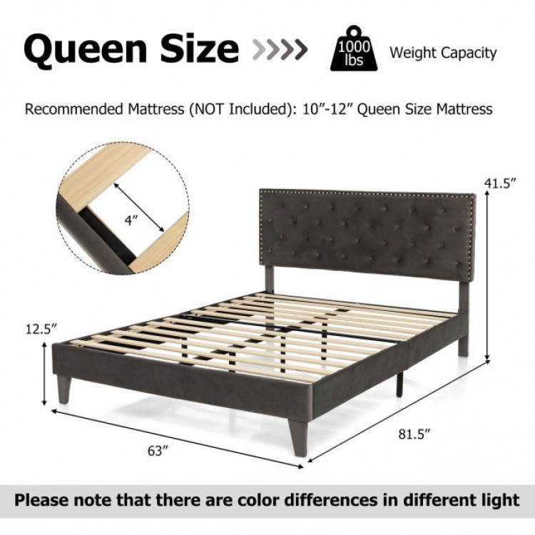 Upholstered queen bed frame from the modern 3-piece bedroom set, featuring sturdy slats and stylish design for comfort.