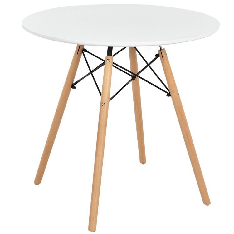 Round dining table with solid beech wood legs and MDF top, ideal for small spaces and versatile use in various settings.