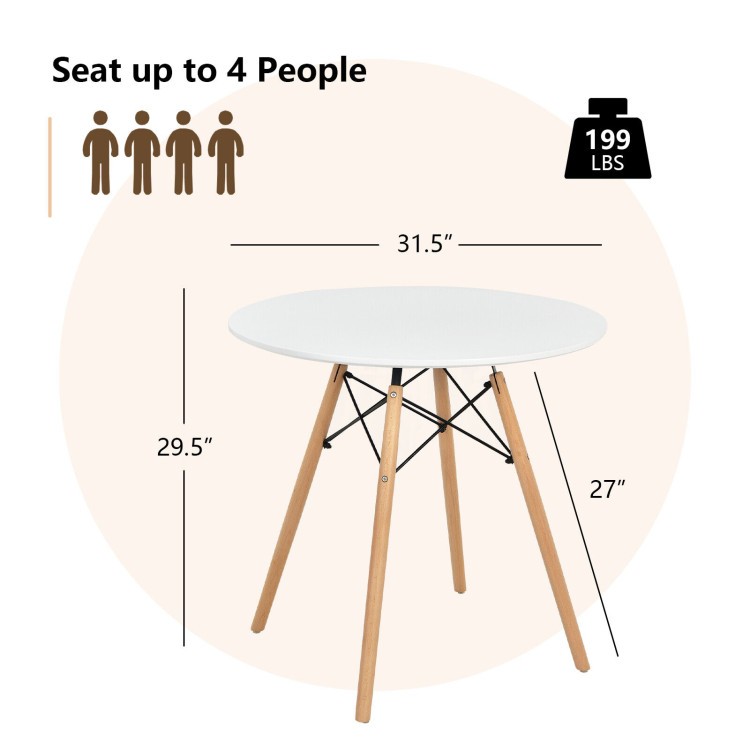 Round dining table with solid beech wood legs, seats up to 4 people, perfect for small spaces and easy assembly.