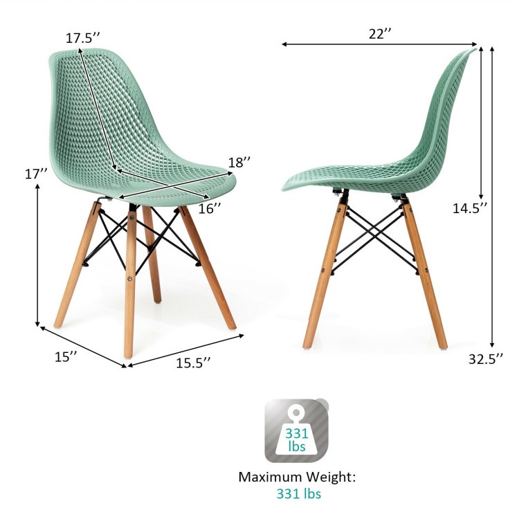 Hollow plastic chair in mint green with beech wood legs, showcasing dimensions for compact dining spaces.