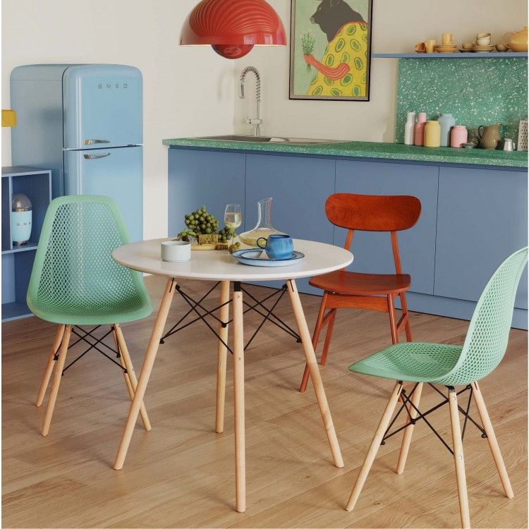 Modern 3-piece dining set featuring a round MDF table and two hollow plastic chairs, perfect for small spaces.