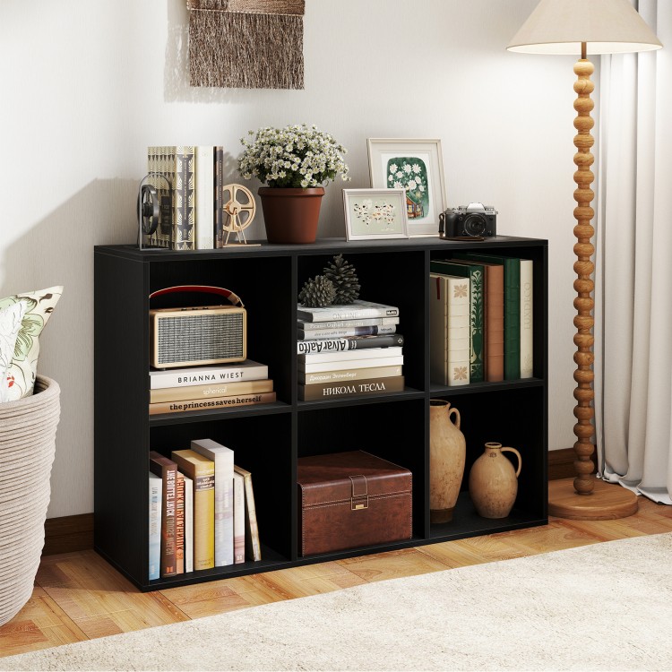Modern 6-cube bookcase in black, featuring ample storage for decor and books, suitable for living rooms and bedrooms.