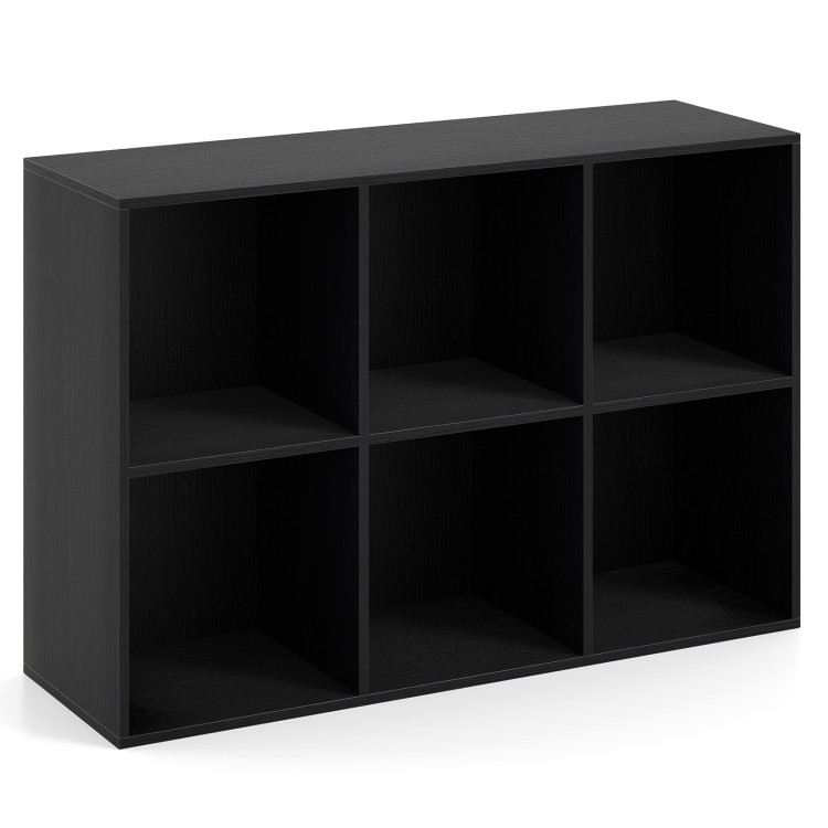 Modern black 6-cube bookcase with anti-tipping kits, ideal for organizing decor in living rooms or bedrooms.