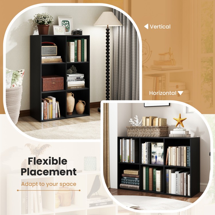 Modern 6-cube bookcase in black, shown in vertical and horizontal placements, ideal for living rooms and bedrooms.