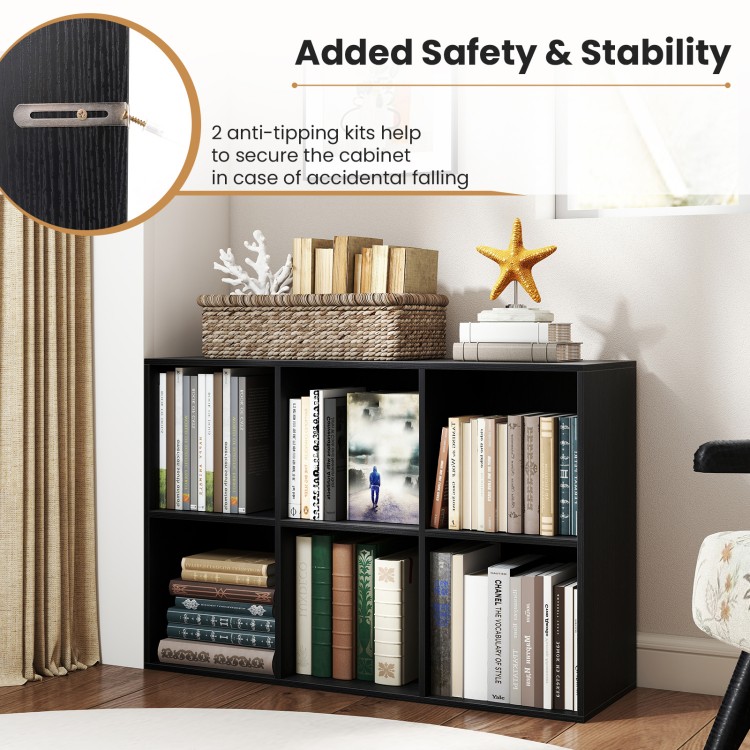Modern 6-cube bookcase in black with anti-tipping kits, perfect for organizing decor in living rooms or bedrooms.
