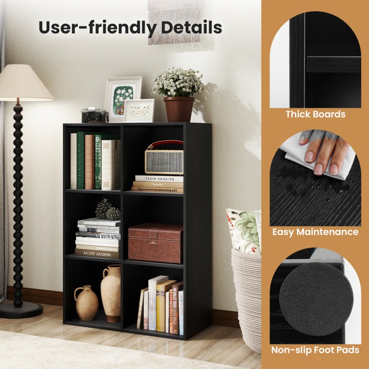 Modern black 6-cube bookcase with thick boards, non-slip foot pads, and anti-tipping kits for safe storage in any room.