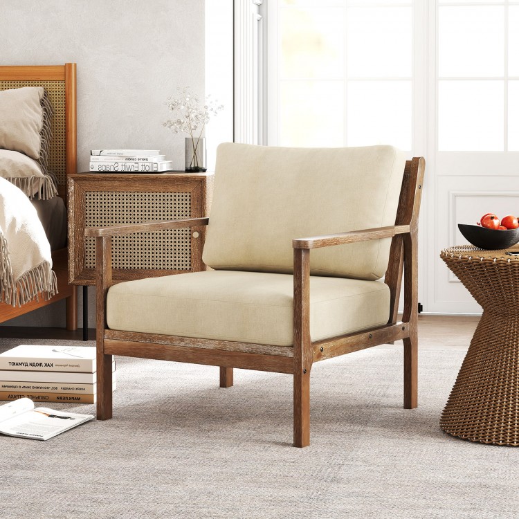 Modern accent chair with solid rubber wood armrests and removable cushion, perfect for living room or bedroom use.