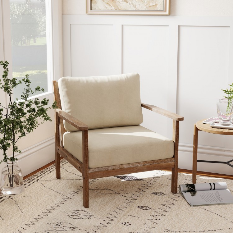 Modern accent chair with solid rubber wood armrests and removable thick cushion, perfect for living room relaxation.